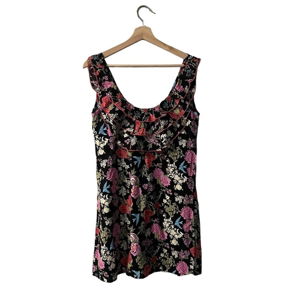 CLK Mini Shift Dress Size Medium Floral Ruffle Low Scoop Neckline Sleeveless